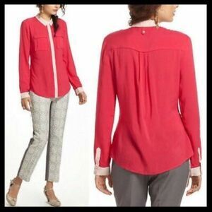 Maeve Anthro Size 0 Pink Hot Pink Colorblock Button Down Blouse Rayon OfficeCore